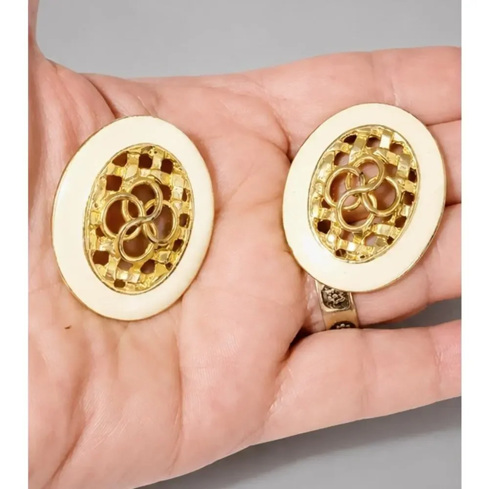 Vintage Large Enameled Oval Pierced Earrings Cream White & Gold-tone 1.5